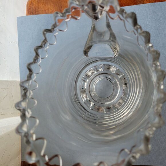 Vintage Clear Glass Etched Fern Pattern Pitcher With Ruffled Edge & Handle - Picture 2 of 11